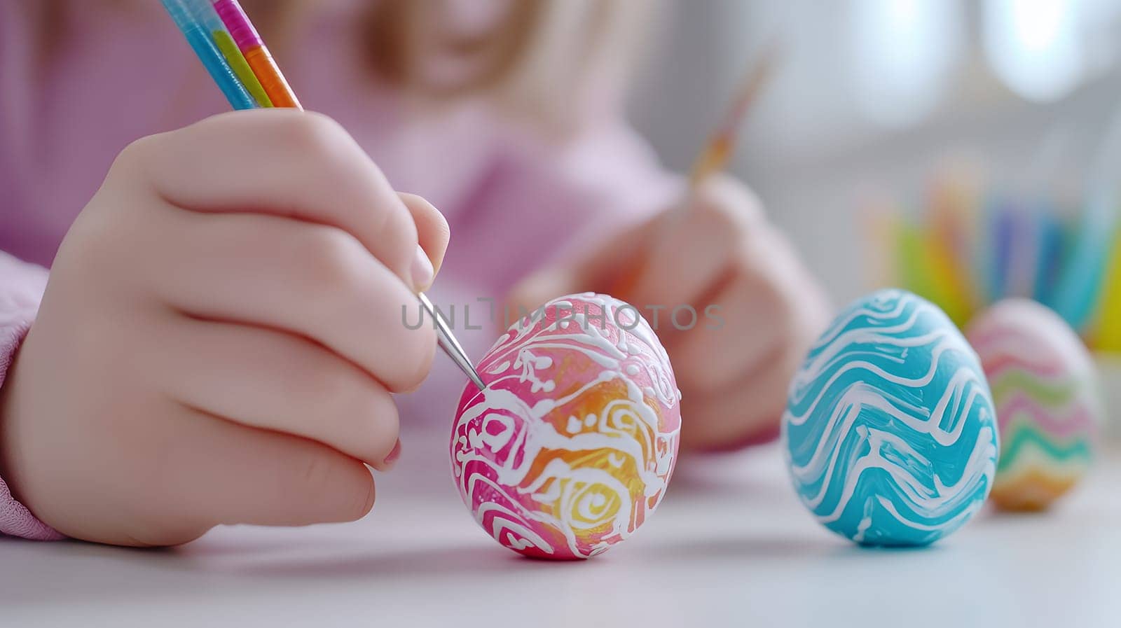 A child carefully painting Easter eggs with bright colors, creating fun and artistic designs for the holiday.