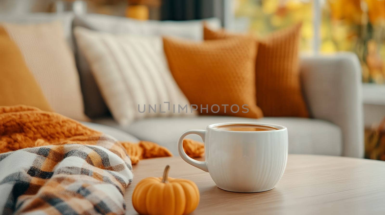 Warm living room setting with a cup of coffee, cozy blankets, and autumn decor for a relaxing atmosphere.