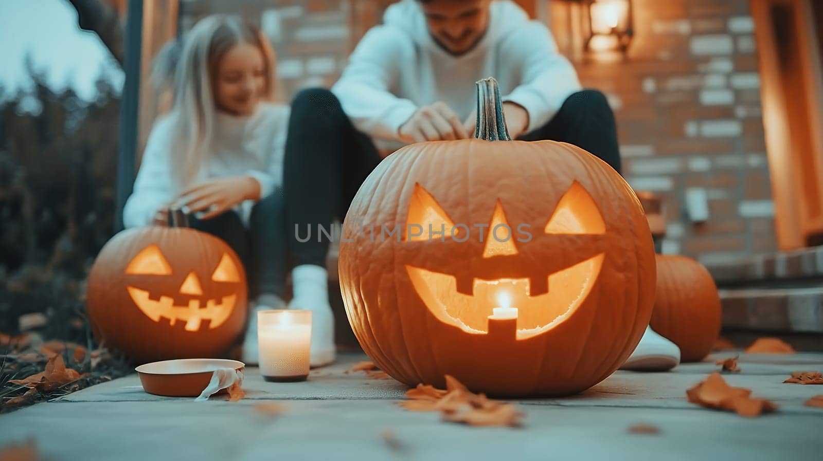 A couple carving pumpkins outdoors with glowing candles, creating a cozy Halloween atmosphere in the evening.