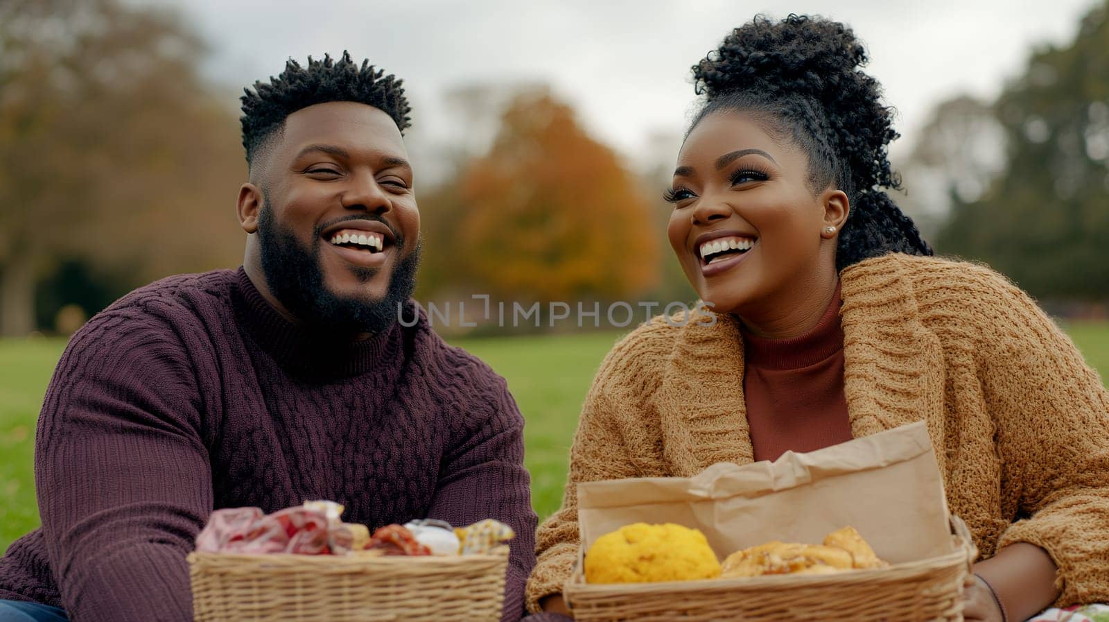 A cheerful couple shares a joyful picnic in a park, surrounded by autumn colors and delicious food.