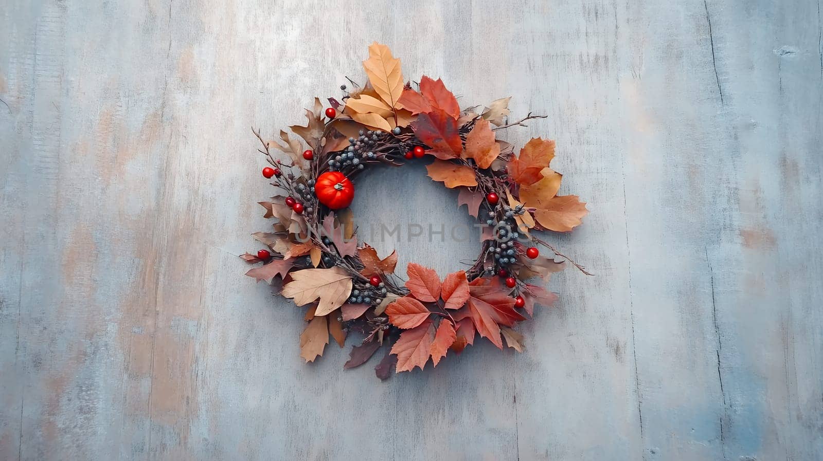 An autumn wreath made of leaves and berries on a rustic wooden background, celebrating the fall season.
