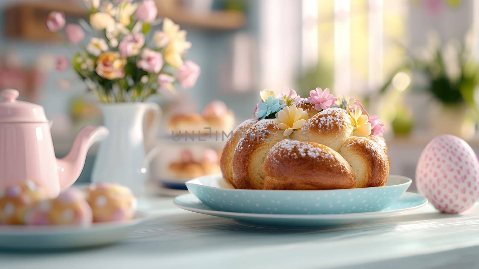 Sweet bread decorated with flowers, creating a beautiful centerpiece for an Easter celebration.