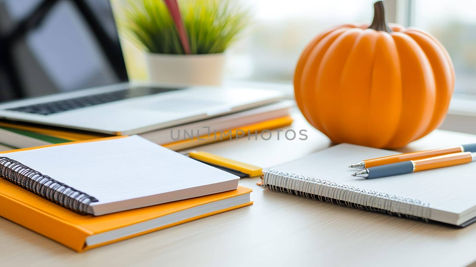 A cozy workspace with notebooks, a pumpkin, and a plant, illuminated by natural light.