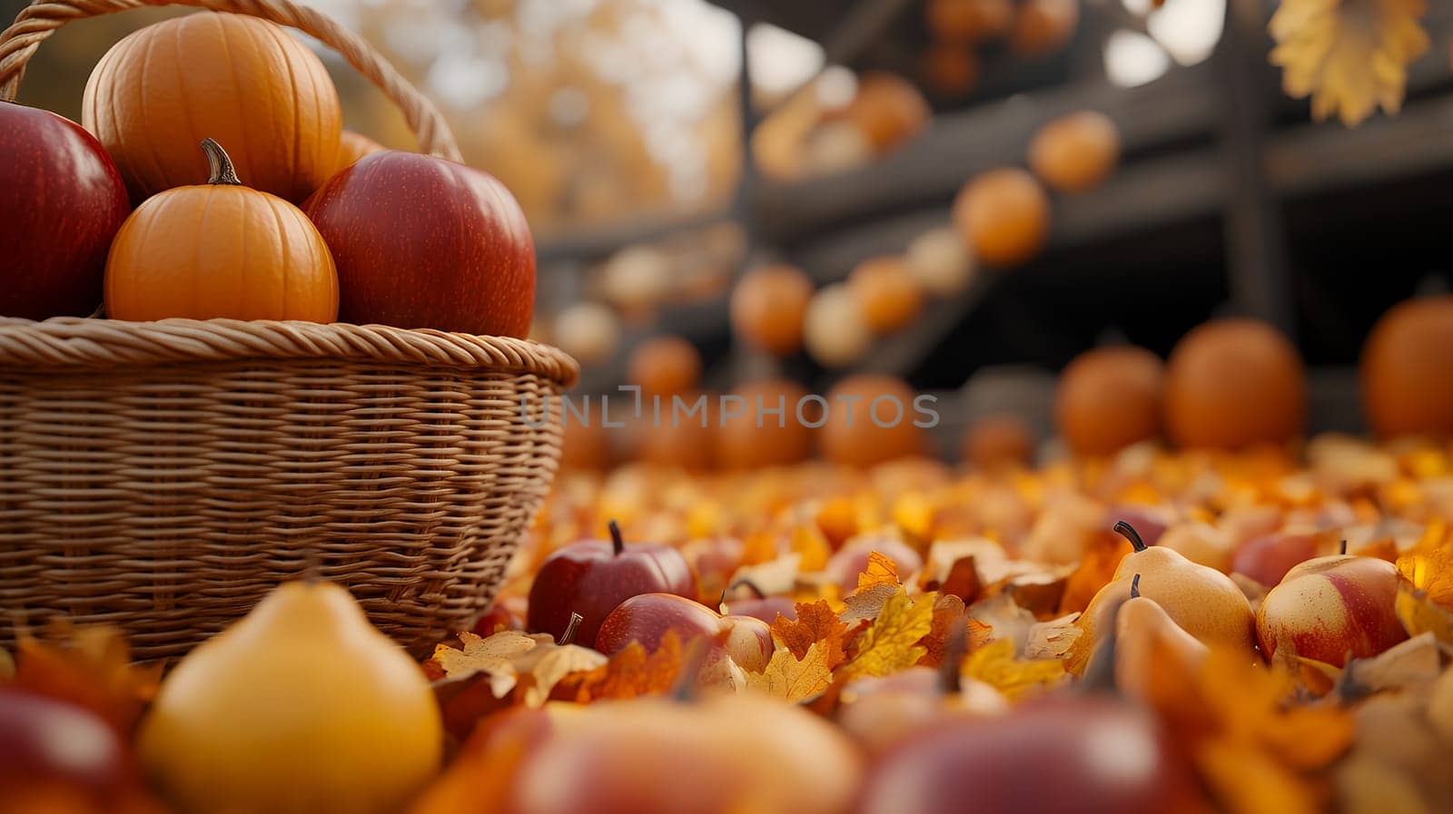 A wicker basket filled with red apples and small pumpkins, surrounded by colorful autumn leaves.