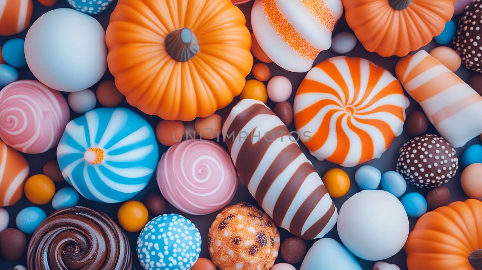 A vibrant mix of Halloween themed candies and sweets, featuring pumpkins and stripes in festive colors.