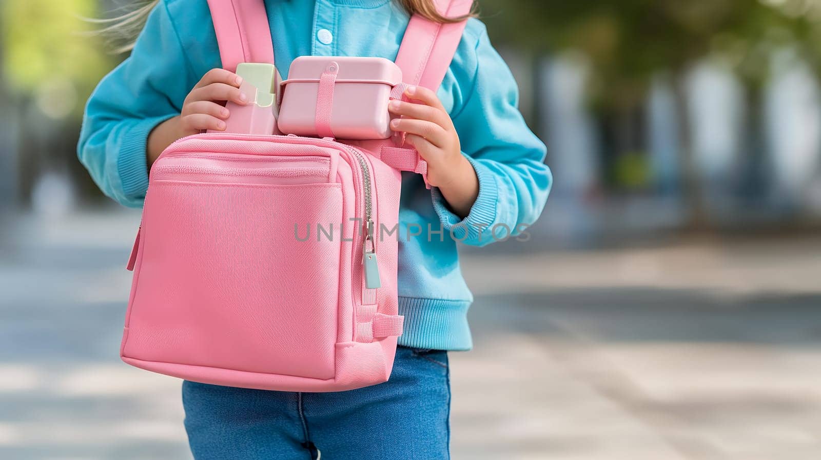 A child wearing a blue sweater holds a pink backpack, ready for school, against a blurred outdoor background.