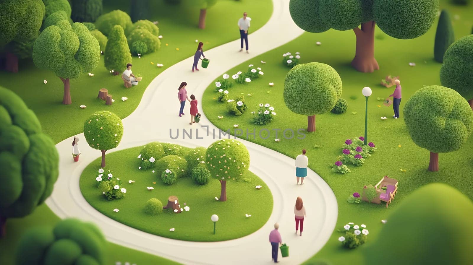 A whimsical miniature park with tiny people enjoying a stroll along a winding path surrounded by lush greenery.
