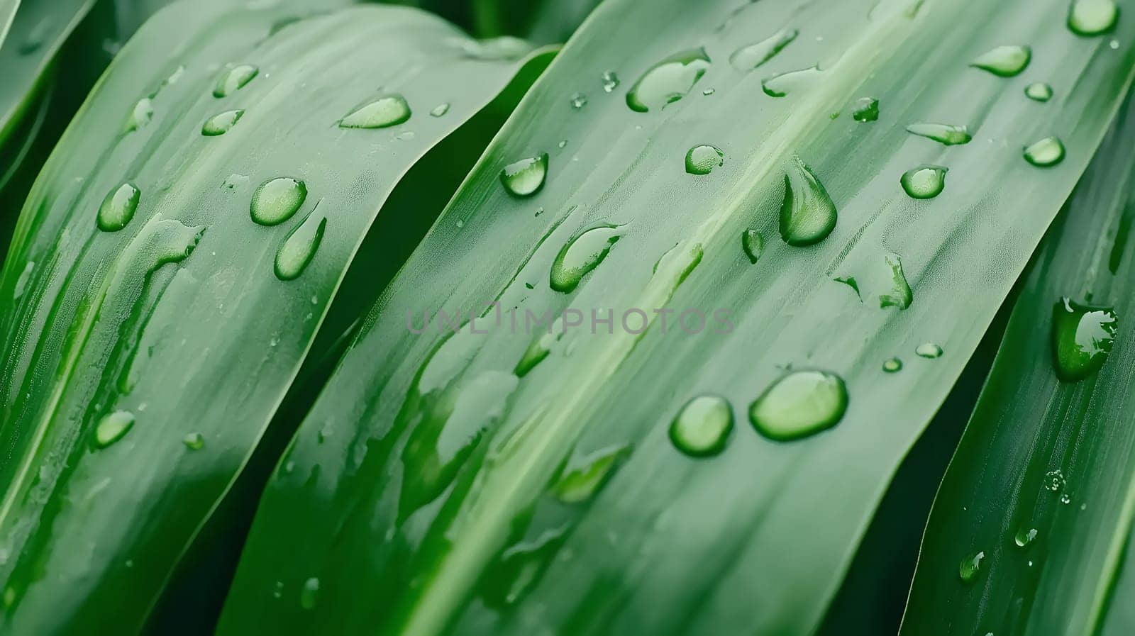 Close up shot of fresh green leaves covered in dew droplets, showcasing nature's purity and vibrancy.