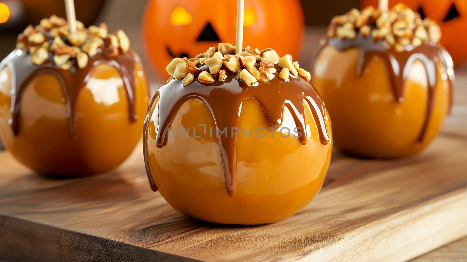 Caramel apples adorned with nuts, perfect for holiday celebrations, beautifully displayed with pumpkin decorations.