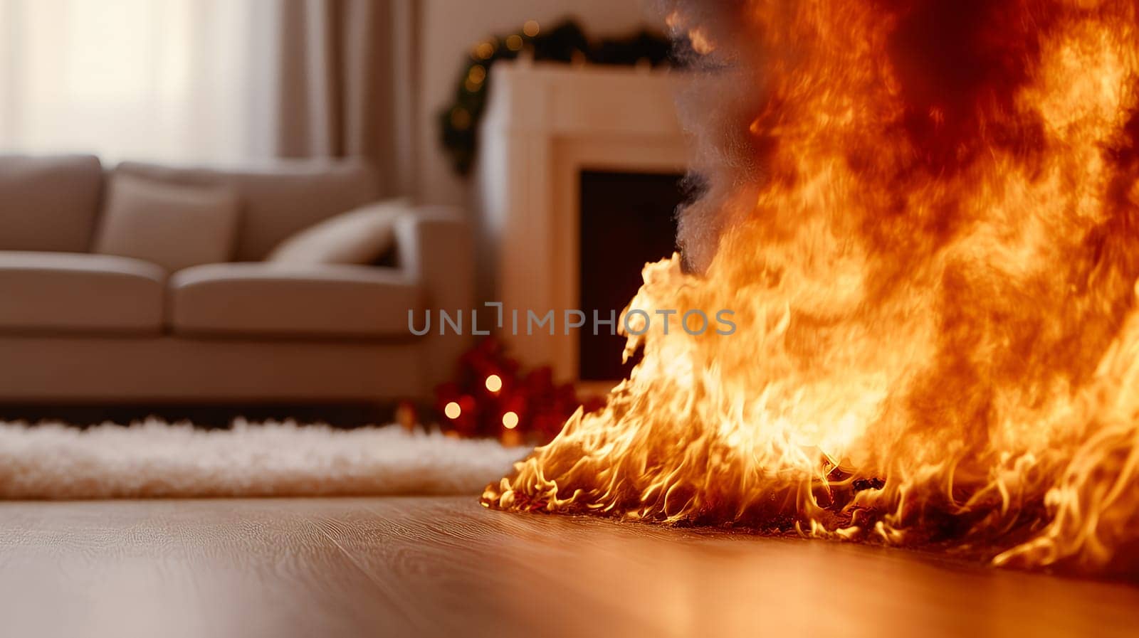 Flames engulf a living room, creating a dramatic scene with intense heat and danger.