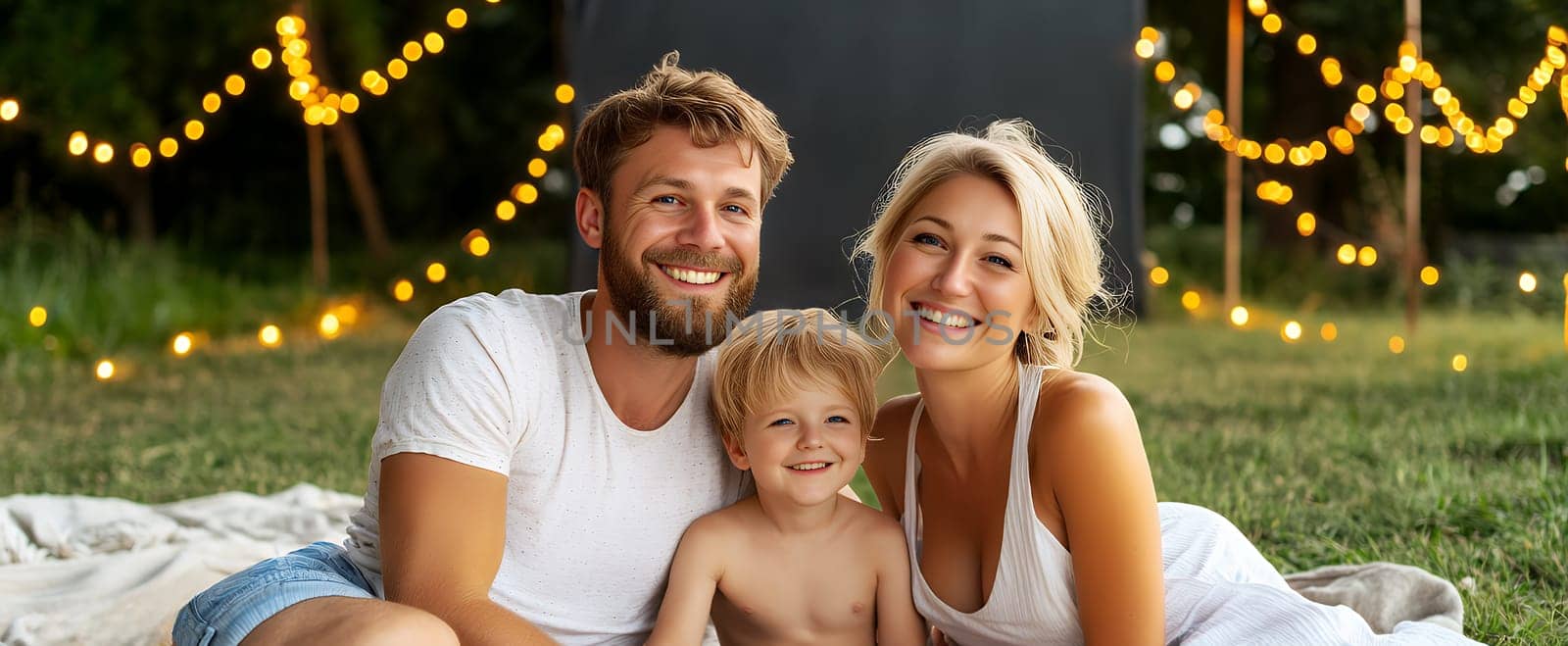 A family smiles together at an outdoor event, surrounded by glowing string lights, capturing a moment of happiness.