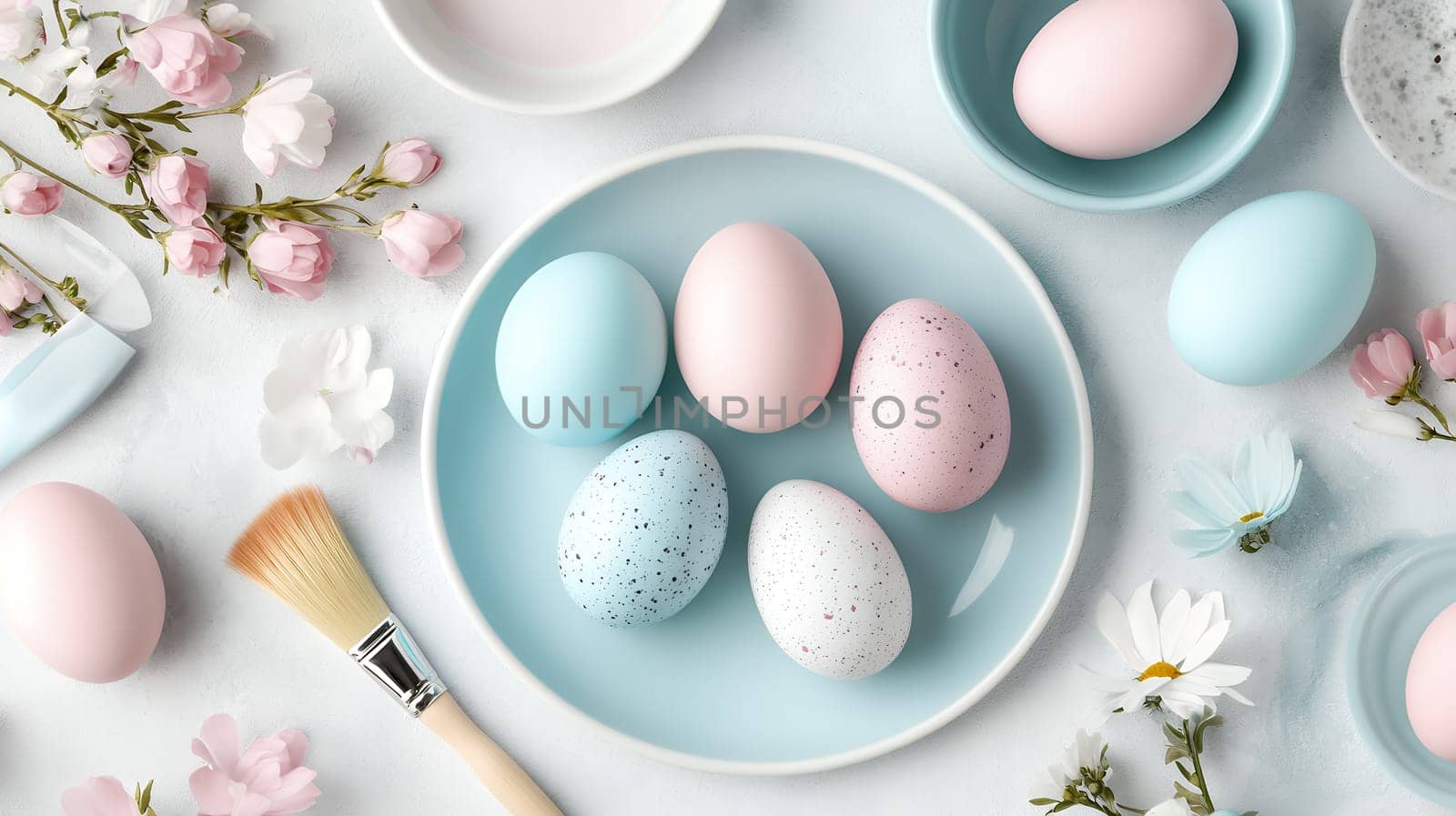 Delicate pastel colored Easter eggs arranged on a blue plate, surrounded by pink blossoms and art supplies.