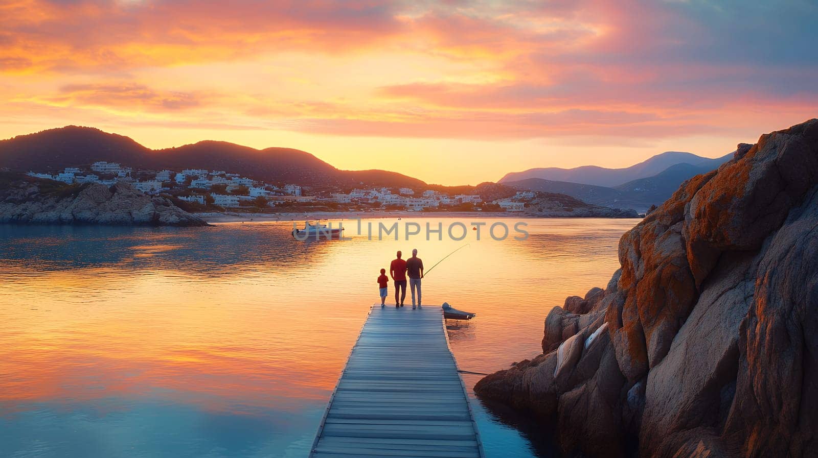 A family enjoys fishing on a scenic pier at sunset, surrounded by breathtaking views of the coastal landscape.