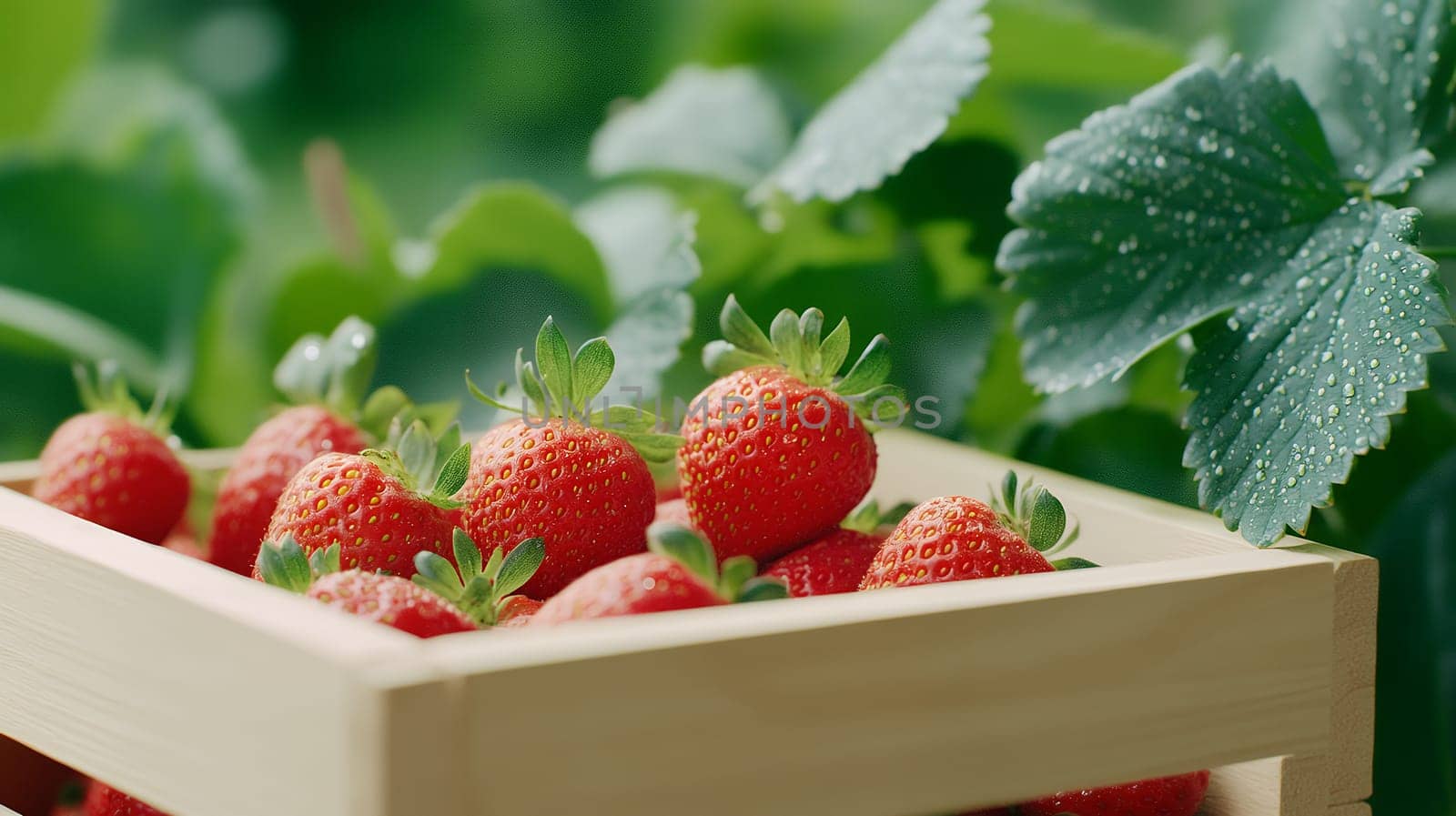 A wooden crate filled with fresh strawberries covered in dew, nestled among strawberry plants in a garden.