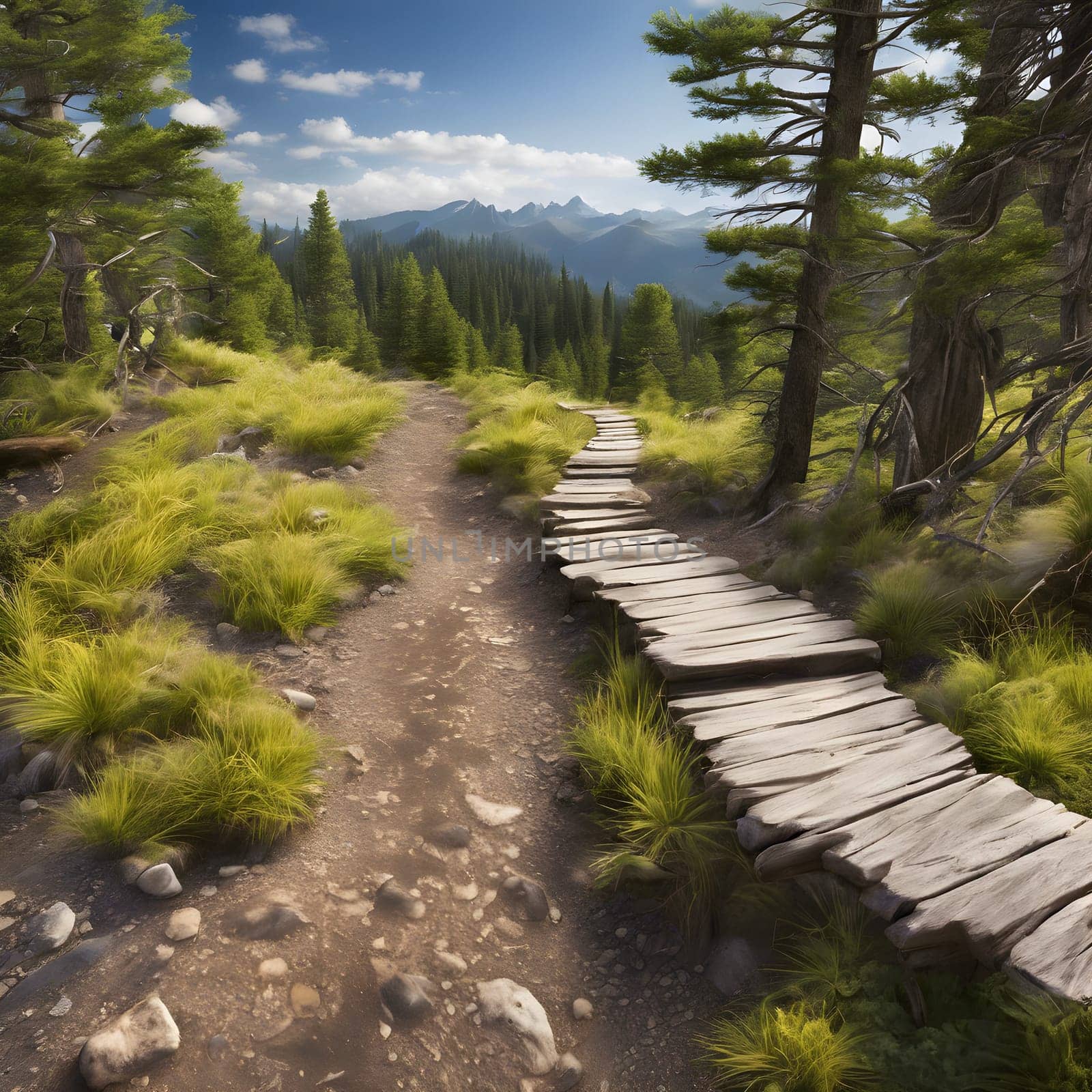 A winding hiking trail through a stunning landscape, perfect for promoting outdoor gear and adventure brands with a sense of exploration.