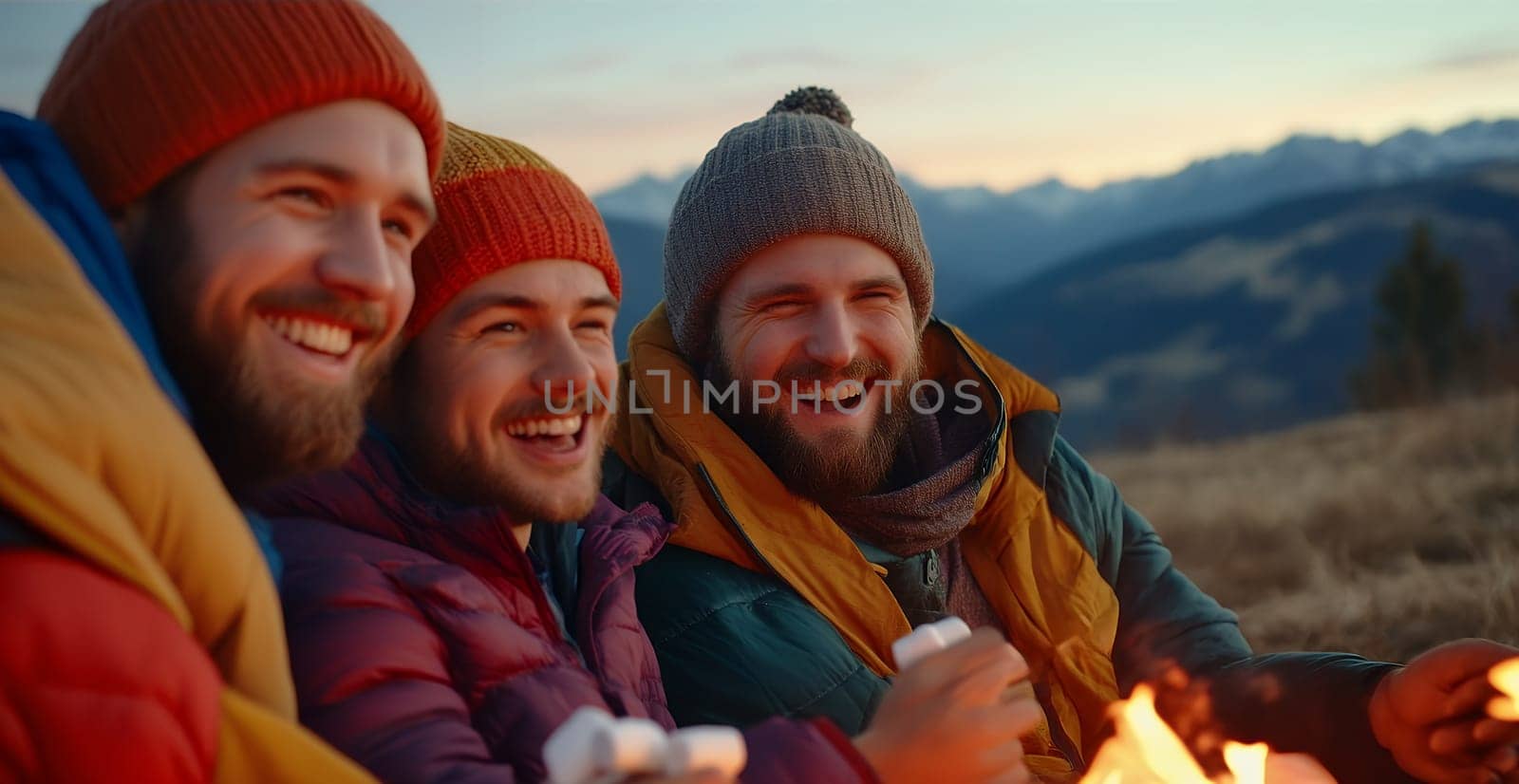 Three friends laugh and enjoy a campfire during sunset, wrapped in warm jackets and hats, sharing joy and adventure.