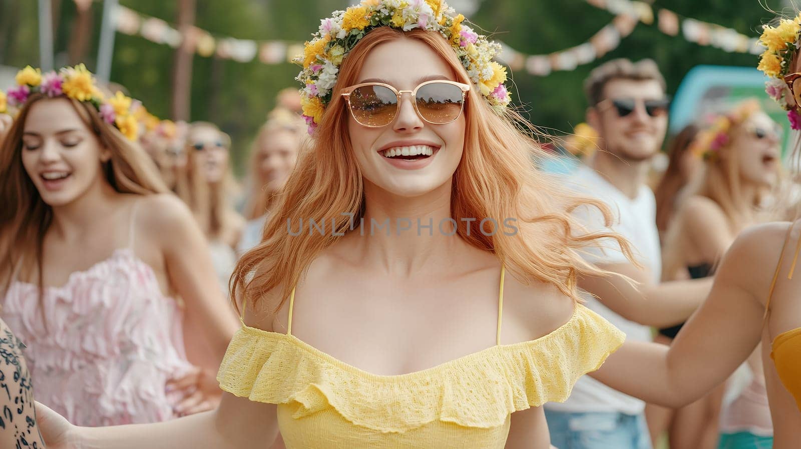 A smiling woman in a bright yellow dress and flower crown enjoying a festive outdoor gathering with friends.