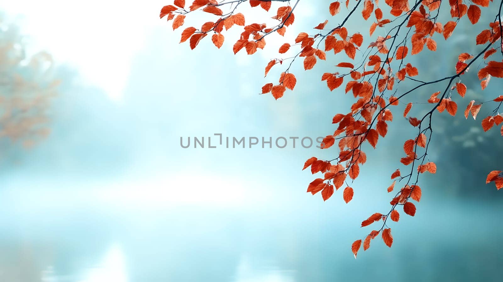 Vibrant red autumn leaves hanging over a misty lake with soft, ethereal lighting and copy space.