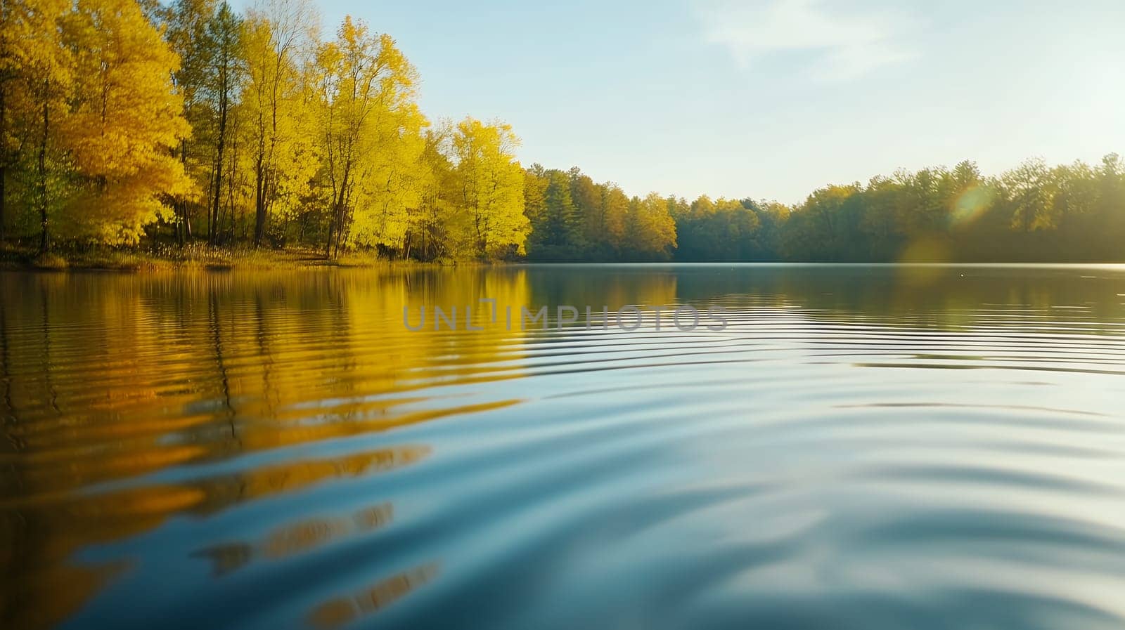 Stunning autumn hues reflect on a calm lake, surrounded by golden trees in peaceful solitude.