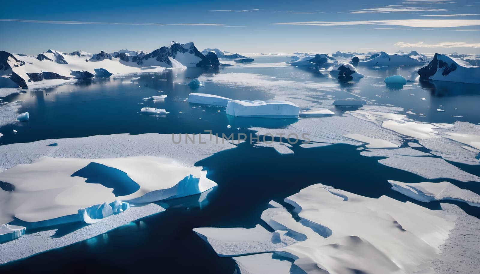 Majestic Antarctica: Sunlit Icebergs and Blue Waters from Above