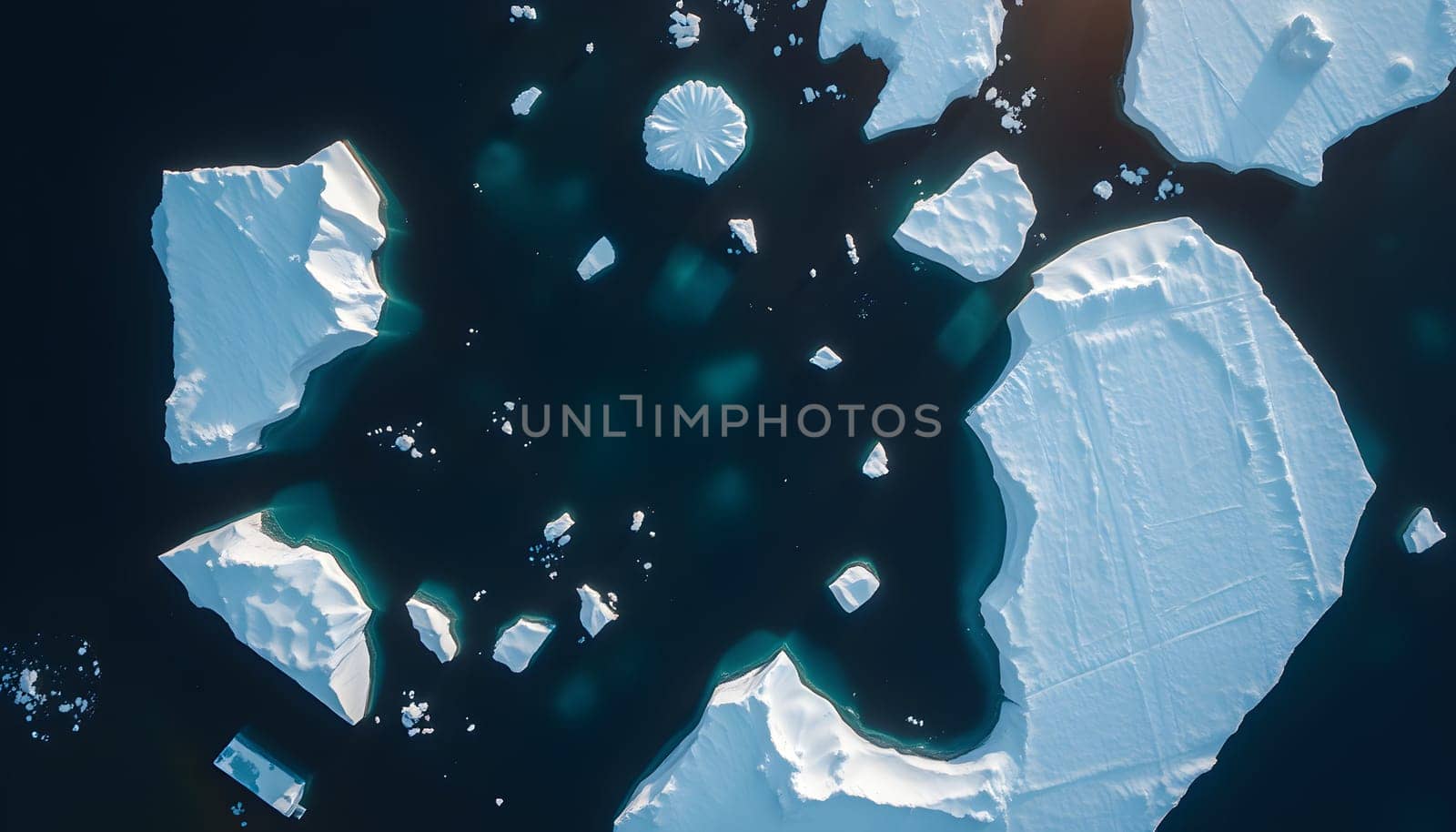 A stunning aerial view of polar icebergs drifting in dark blue waters, with sunlight creating delicate reflections and turquoise hues beneath the ice.