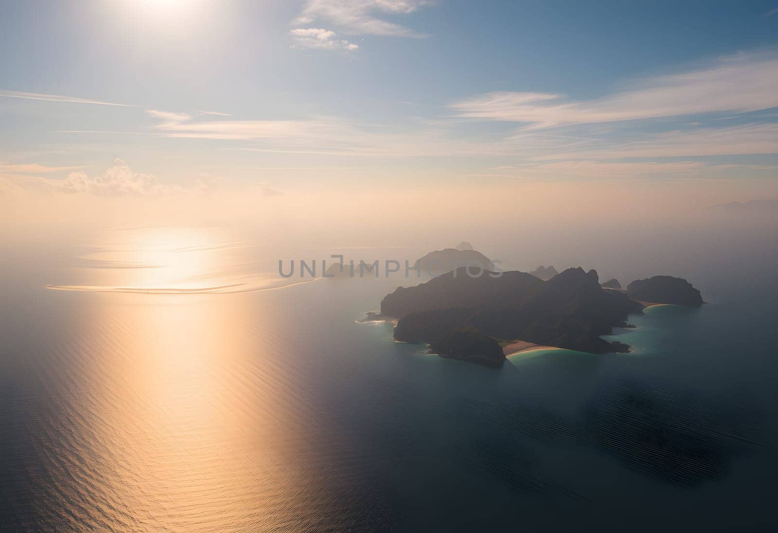 Golden rays of sunlight bathe a distant Pacific archipelago, highlighting rugged shorelines with a warm, breathtaking brilliance.