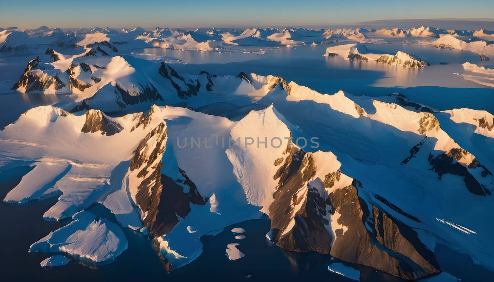 Sunlit Majesty: Aerial View of Antarctic Mountains and Rugged Terrain