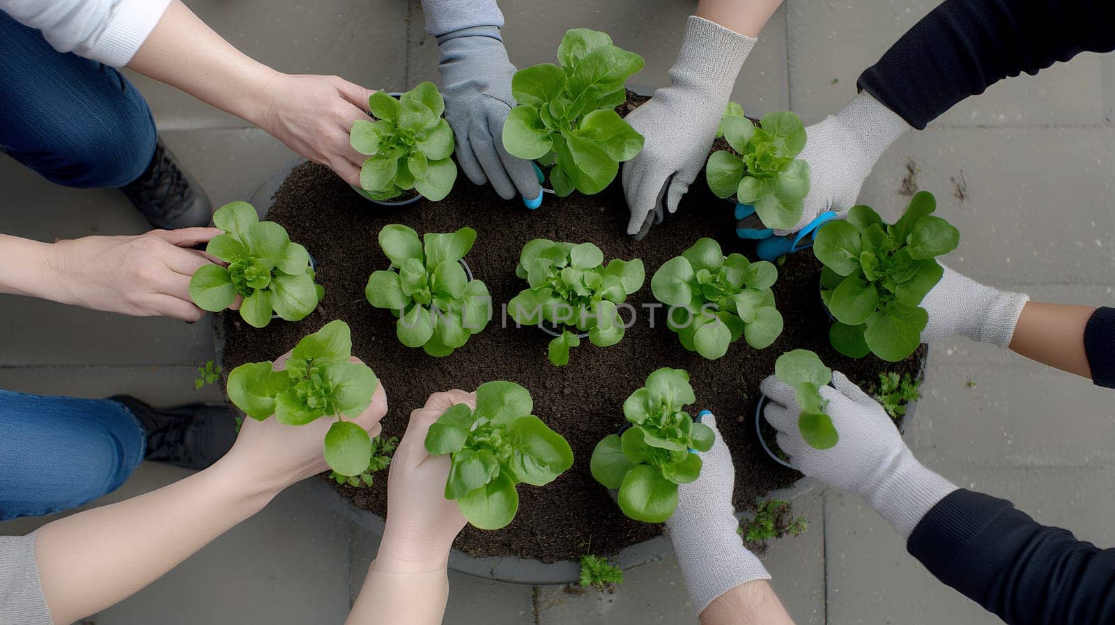 A group of people collaboratively planting green seedlings in a shared garden bed.