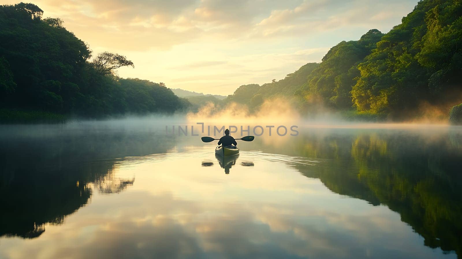 A lone kayaker paddles across a misty lake at dawn, surrounded by lush greenery and tranquil waters.