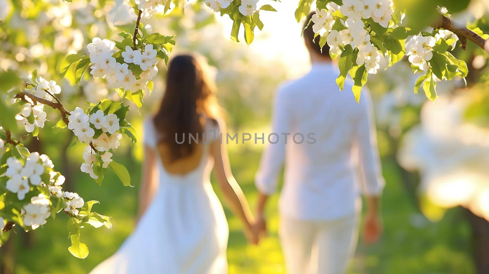 A couple in white attire walks through a sunlit garden of blooming white flowers, symbolizing love and harmony.