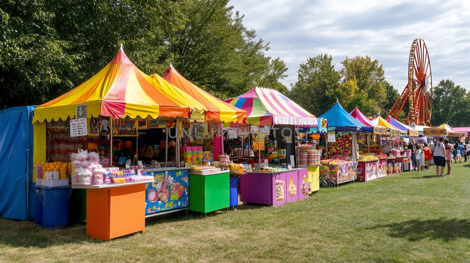 Brightly colored stalls at a carnival with a Ferris wheel in the background, capturing the festive atmosphere.