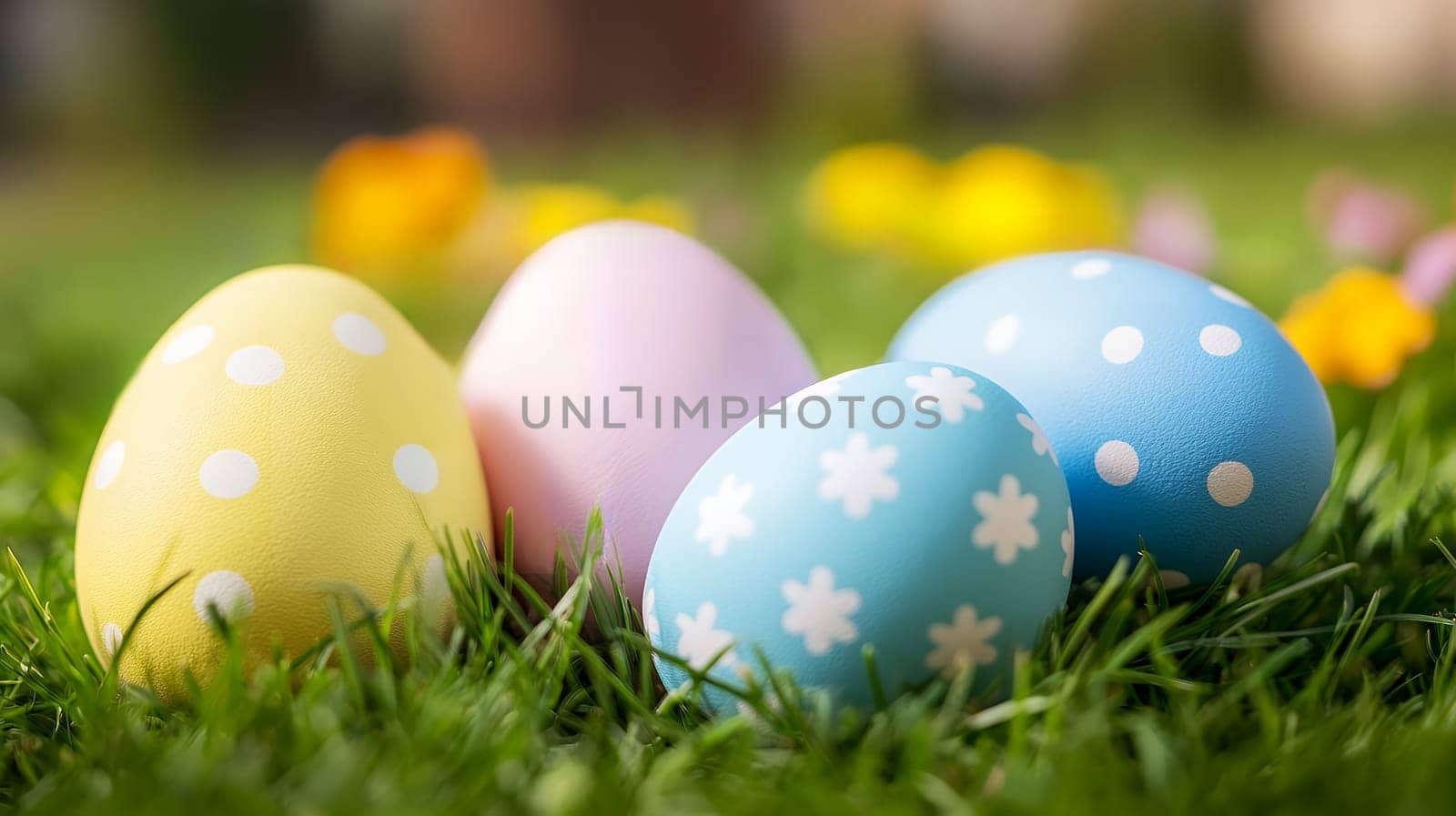 Brightly painted Easter eggs lie nestled in green grass, surrounded by cheerful flowers.