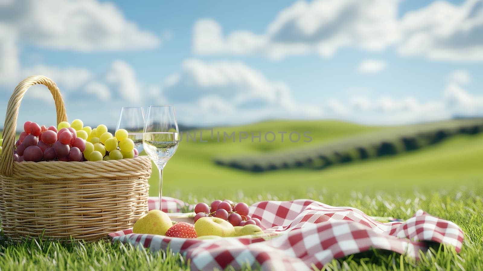 A picnic setup with fruits and wine glasses on a sunny day, capturing the essence of leisure..