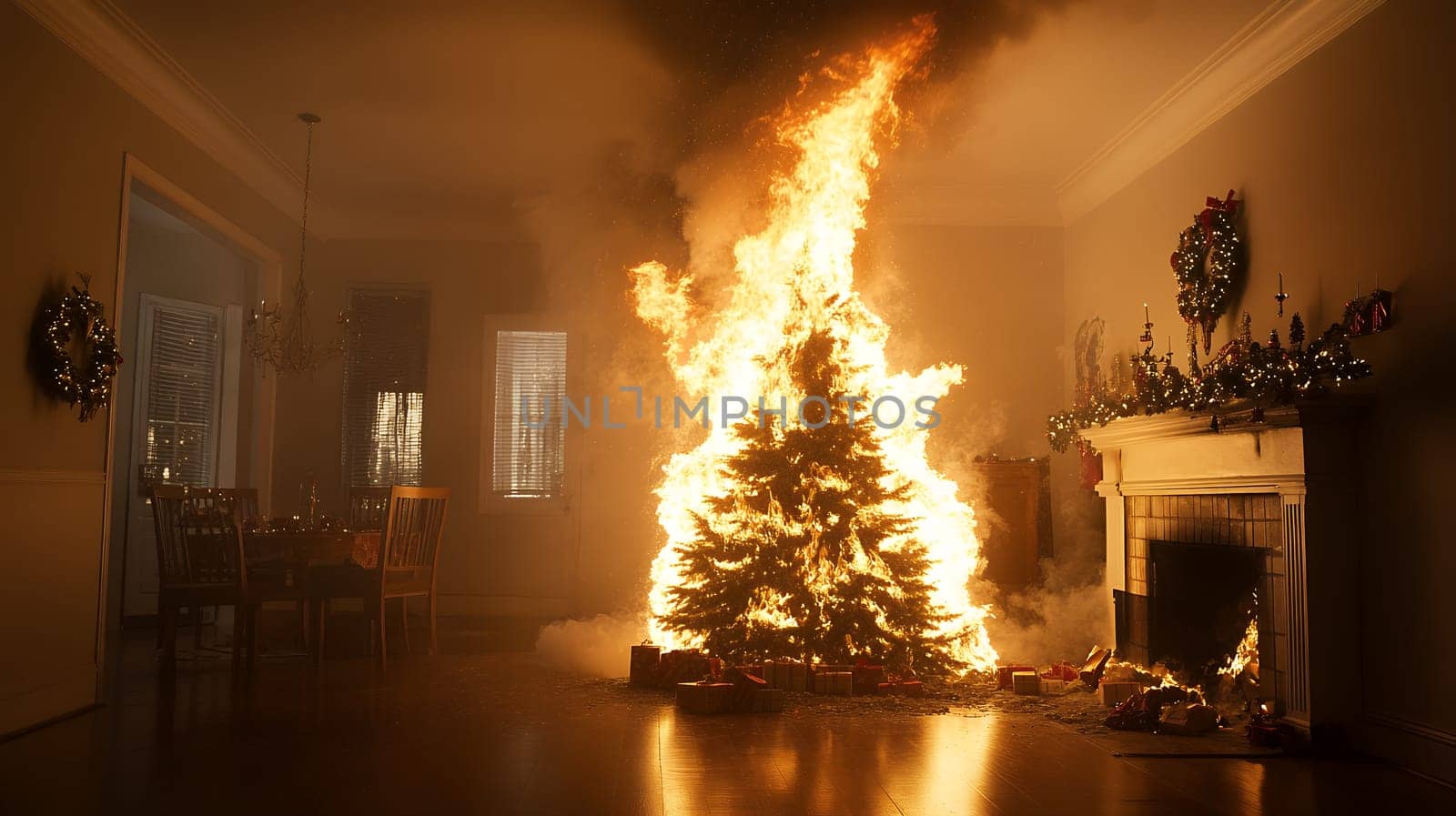 A Christmas tree engulfed in flames in a living room, illustrating the dangers of holiday fire hazards.