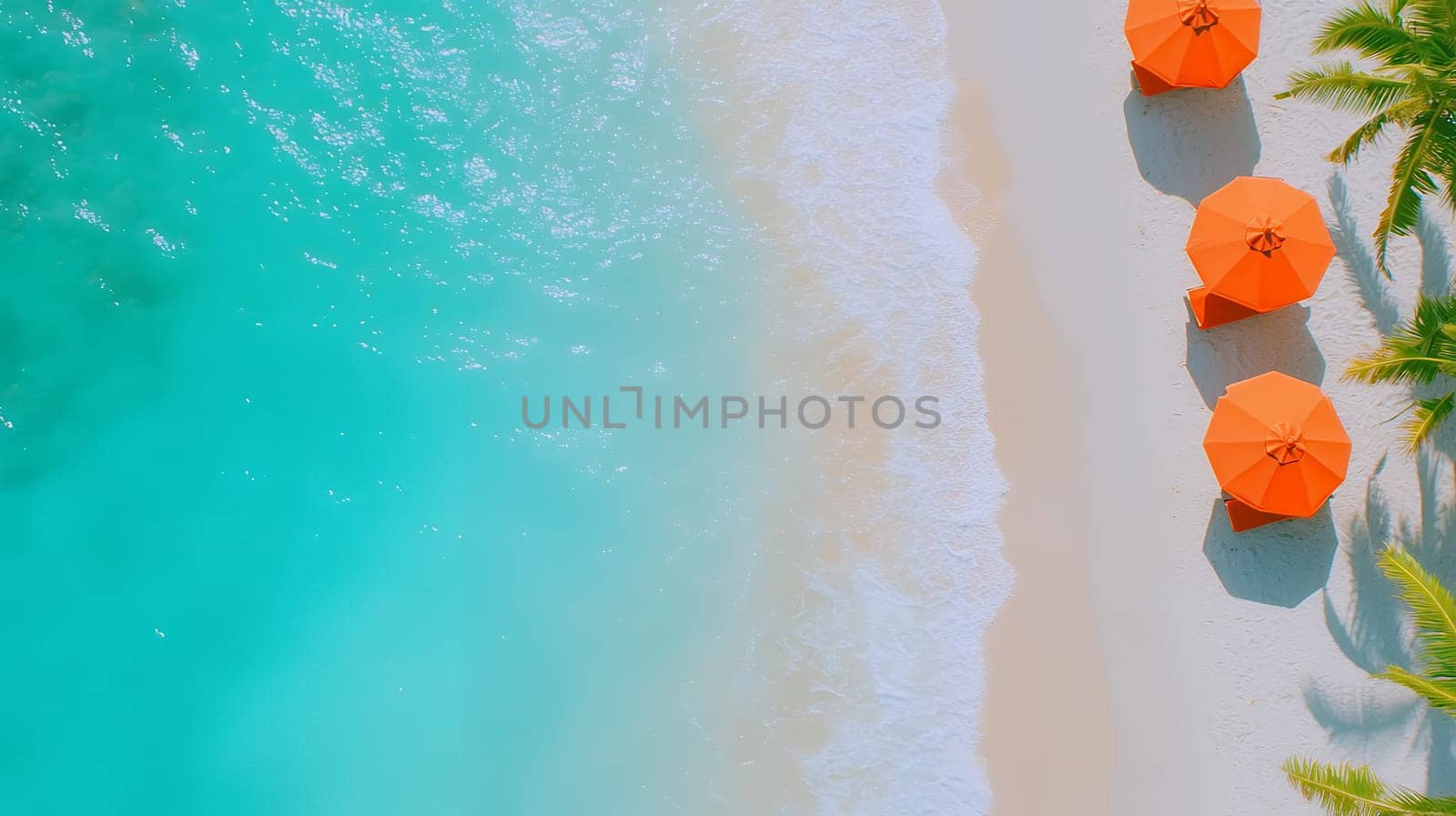 Aerial view of orange umbrellas lined on a beach against turquoise waters, creating a vibrant coastal scene.