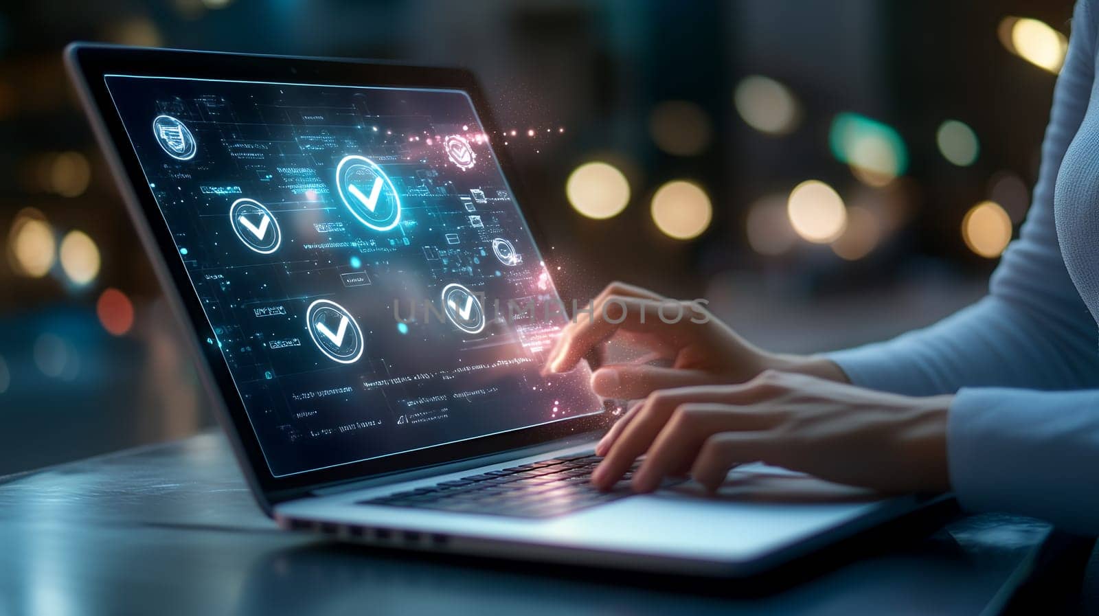 A person interacting with a laptop displaying an advanced cybersecurity interface, emphasizing digital protection.