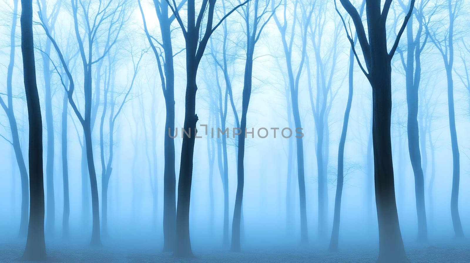 A serene and mystical forest shrouded in fog, creating an enchanting and mysterious atmosphere.