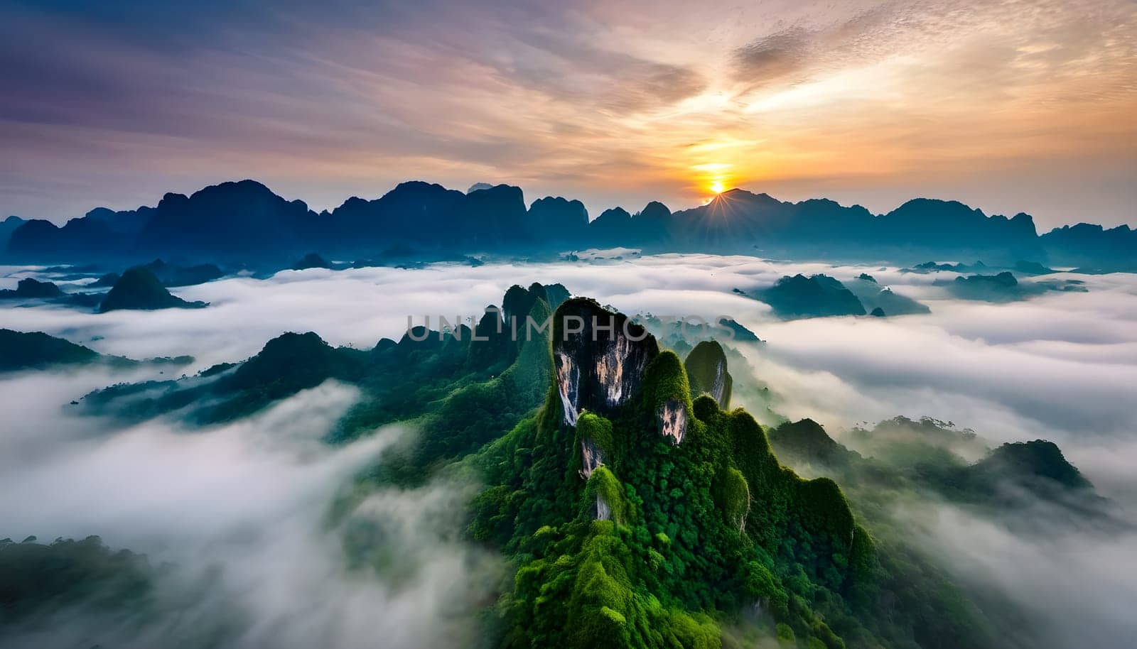 Golden Dawn: Aerial Sunrise Over Thai Mountains