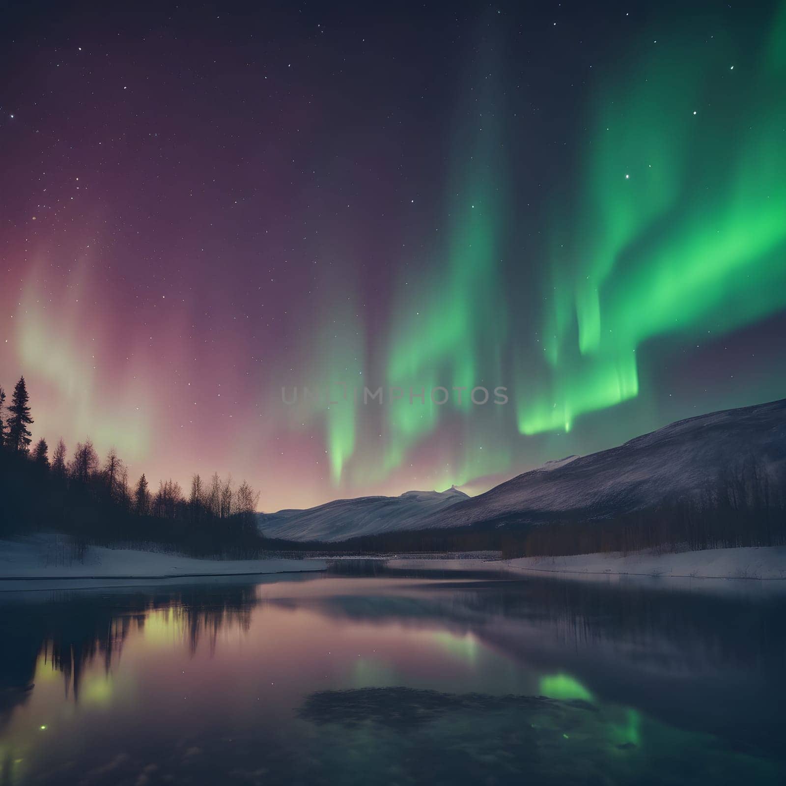 Celestial Dance: Northern Lights Over Tranquil Lake