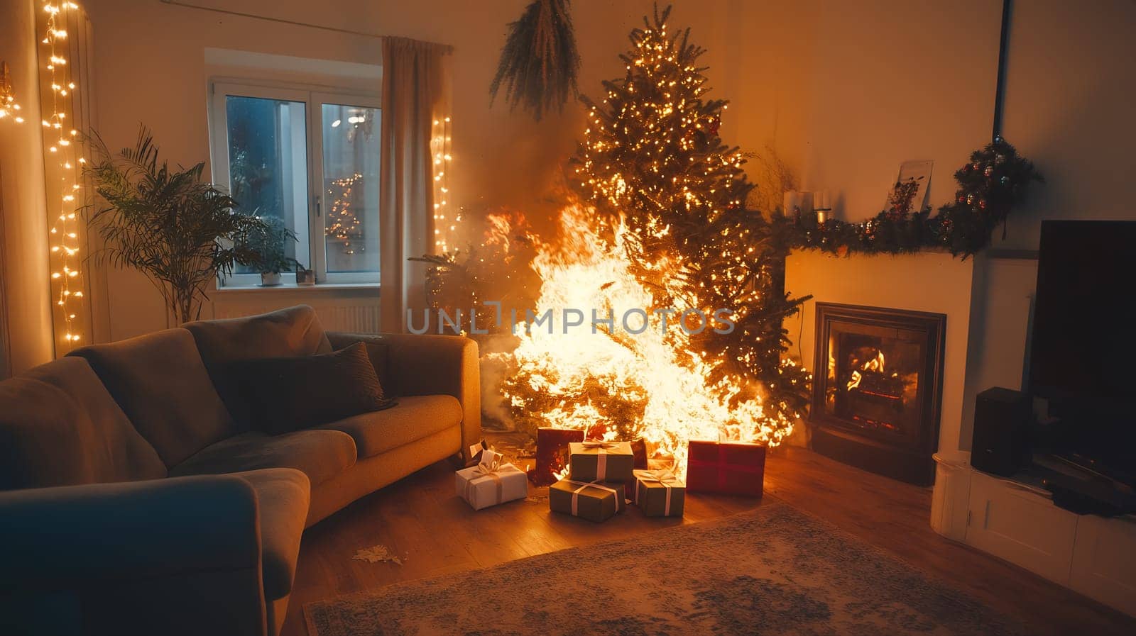 A living room scene with a Christmas tree on fire, demonstrating the risks of festive decorations catching fire.
