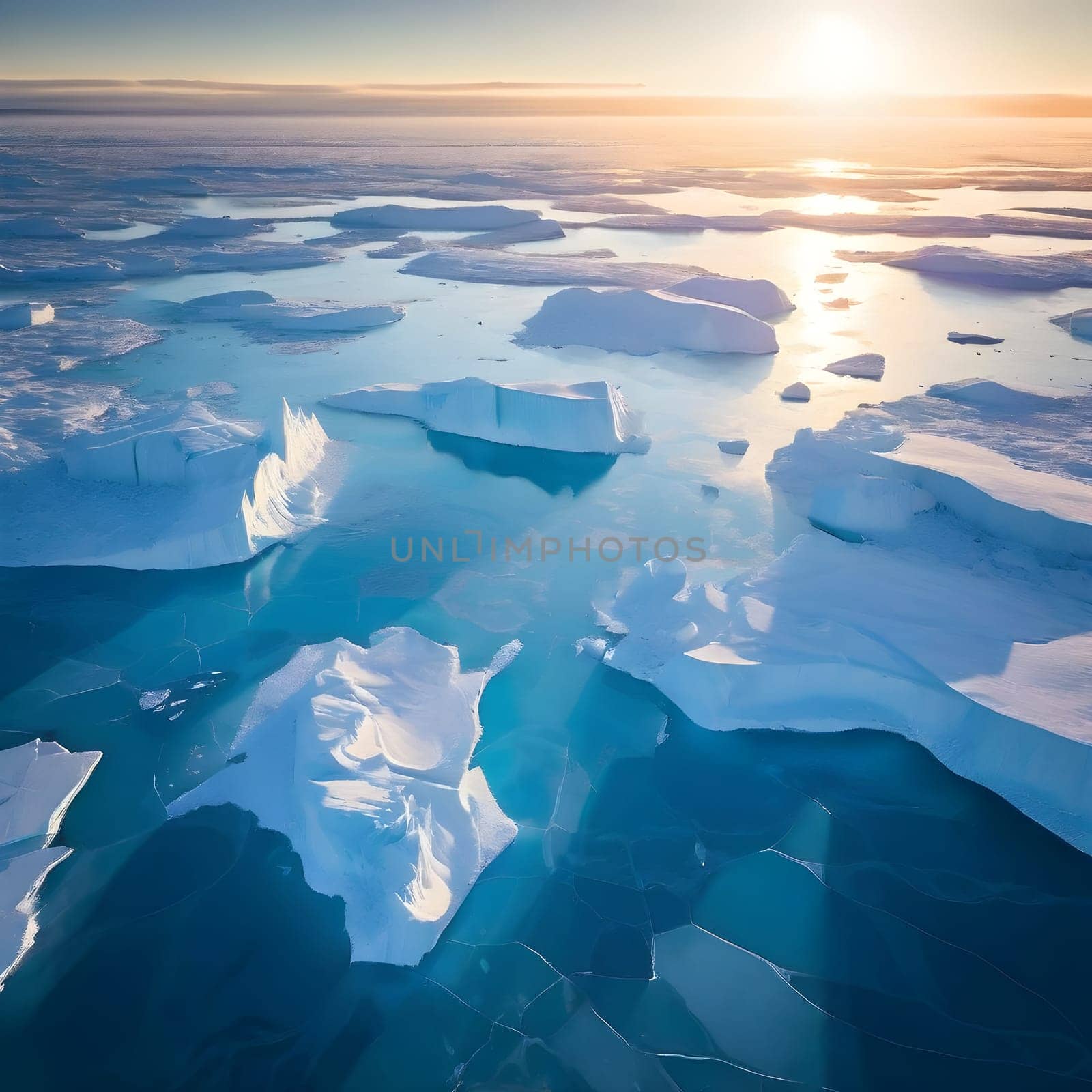 An aerial view of polar icebergs drifting in dark blue waters, sunlight casting turquoise highlights and reflections beneath the ice.