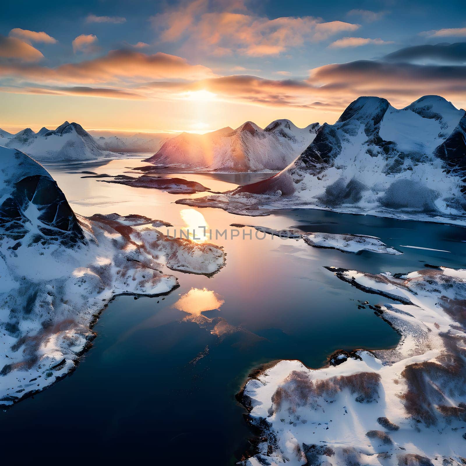 A mesmerizing aerial winter view of Norway's Lofoten Islands, where soft sunlight warms snowcapped peaks against icy blue fjords.