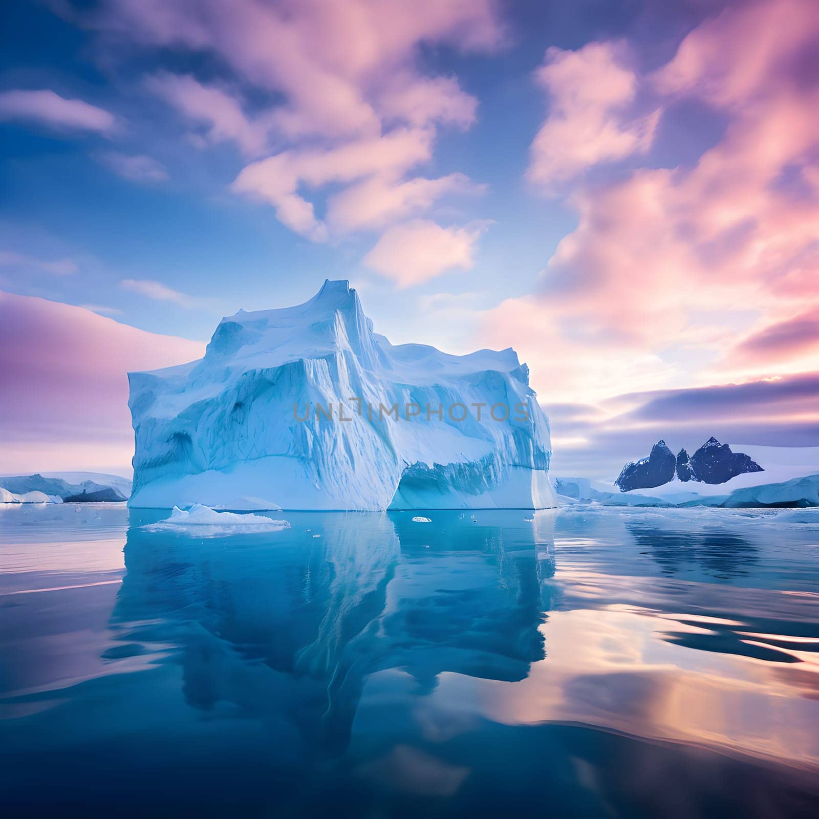 Blue and white icebergs glow under a pastel-colored sky, creating a serene and stunning Antarctic landscape of tranquility.