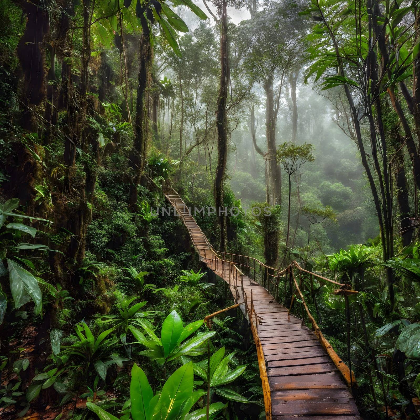 Enchanted Trails: A Misty Wooden Path Through Thailand's Rainforest