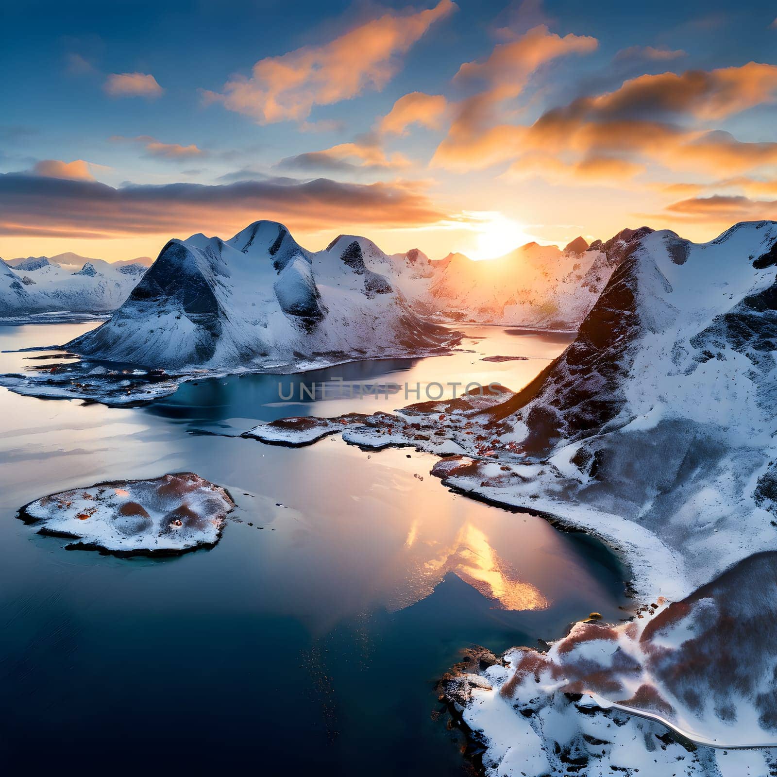 A mesmerizing aerial winter view of Norway's Lofoten Islands, where soft sunlight warms snowcapped peaks against icy blue fjords.