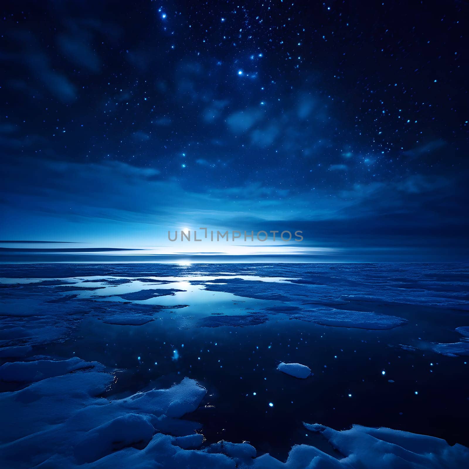 An eerie aerial view of the Arctic Ocean during polar night, with glittering stars and shimmering reflections on icy waters.