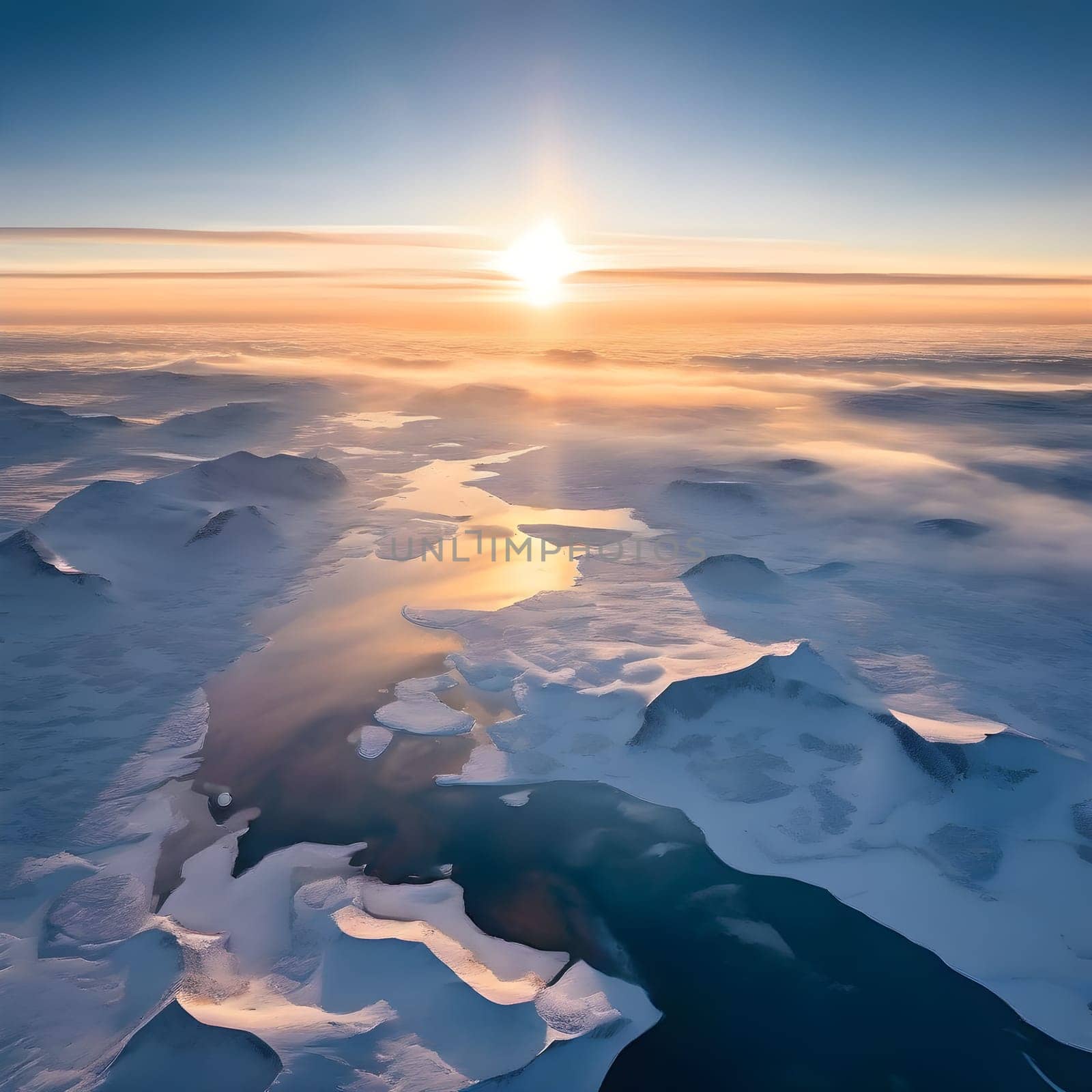 A breathtaking aerial view of polar ice fields bathed in soft golden light as morning sunlight pierces through the mist.