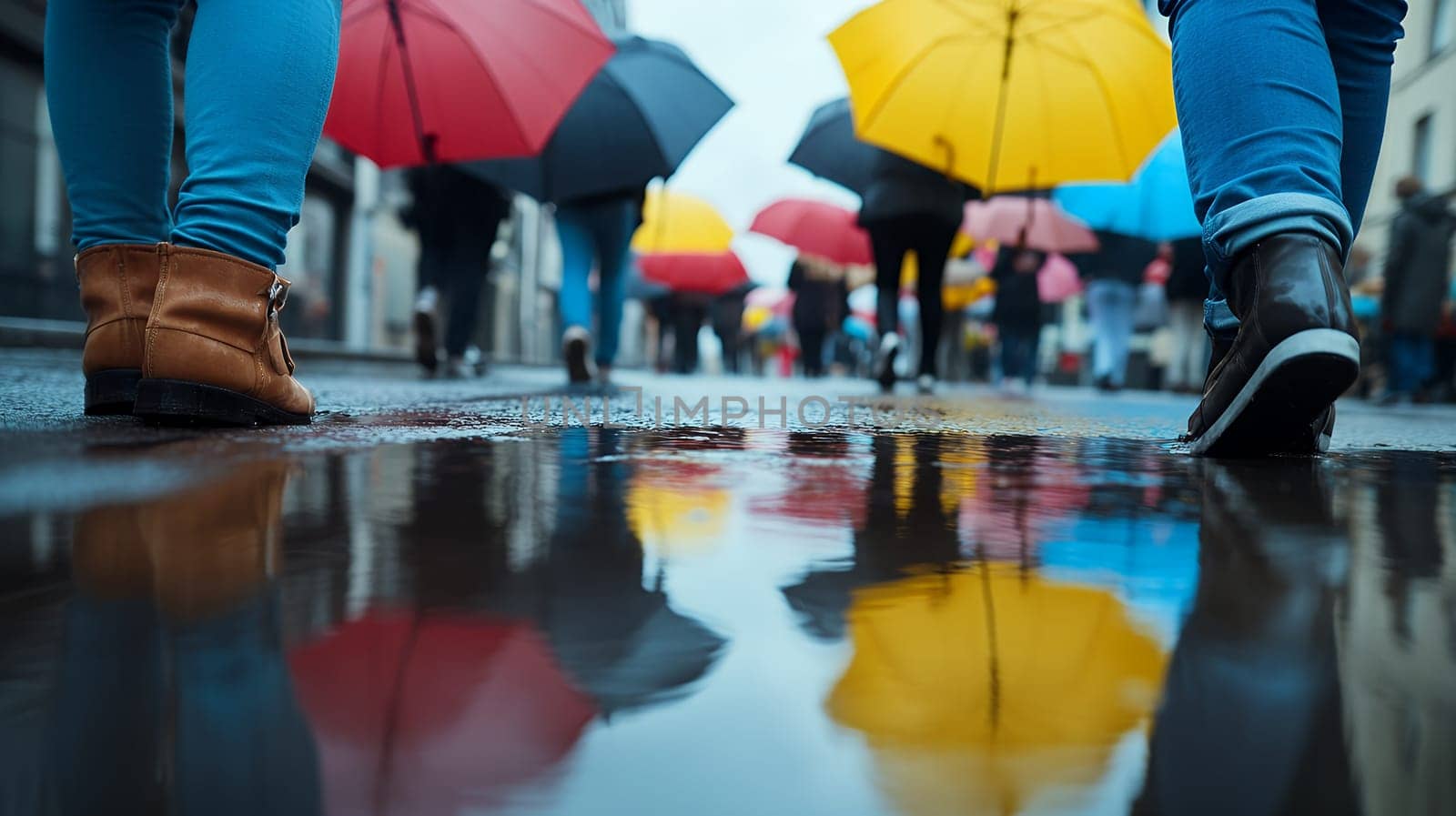People walking with colorful umbrellas in a bustling city, reflected in the wet street, creating a vivid urban scene.