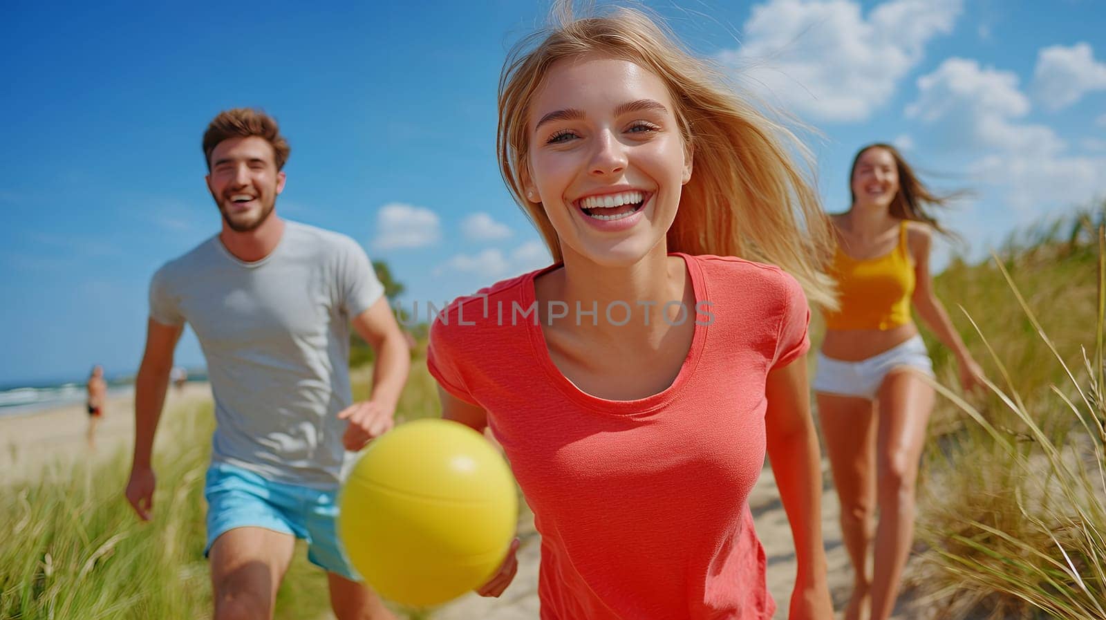 Friends running joyfully on a beach with a yellow ball, enjoying the bright sunny day together.