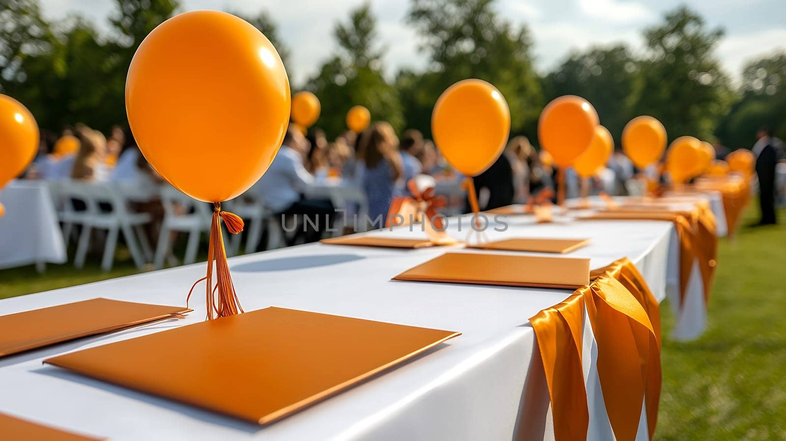 Festive outdoor graduation setup with orange balloons and folders on tables, surrounded by greenery and guests.